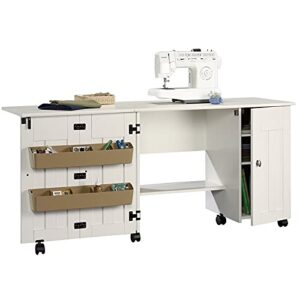 BOWERY HILL Engineered Wood Drop-Leaf Sewing or Craft Table with Melamine Top Surface, Storage Behind Roll-Open Door, Easy-roll Casters in Soft White