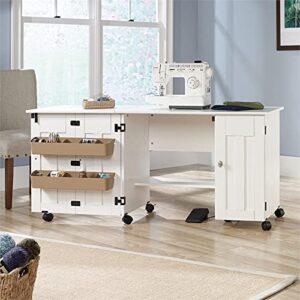 BOWERY HILL Engineered Wood Drop-Leaf Sewing or Craft Table with Melamine Top Surface, Storage Behind Roll-Open Door, Easy-roll Casters in Soft White