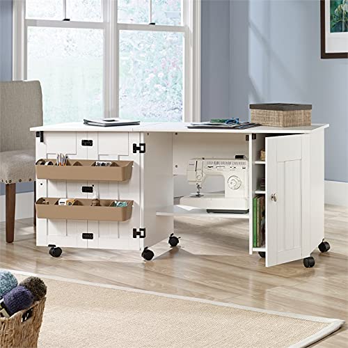 BOWERY HILL Engineered Wood Drop-Leaf Sewing or Craft Table with Melamine Top Surface, Storage Behind Roll-Open Door, Easy-roll Casters in Soft White