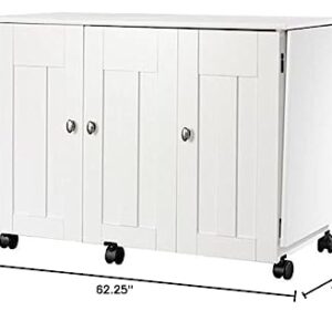 BOWERY HILL Engineered Wood Drop-Leaf Sewing or Craft Table with Melamine Top Surface, Storage Behind Roll-Open Door, Easy-roll Casters in Soft White