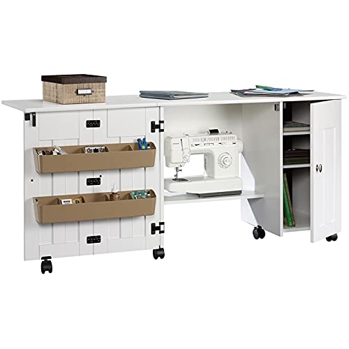 BOWERY HILL Engineered Wood Drop-Leaf Sewing or Craft Table with Melamine Top Surface, Storage Behind Roll-Open Door, Easy-roll Casters in Soft White