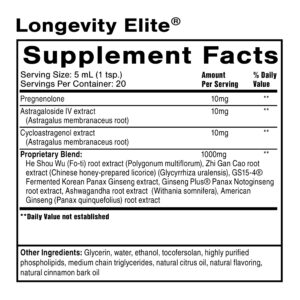 Quicksilver Scientific Longevity Elite - Liposomal Adaptogen + Pregnenolone Tonic - Herbal Supplements Designed for Age Optimization Support While Targeting AMPK, Sirtuins + Telomeres (100ml)