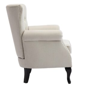 Kmax Fabric Club Chair Tufted Throne Chair Mid Century Accent Wingback Chair Padded Seating Wood Legs Home Club Bedroom Living Room, Beige