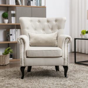 Kmax Fabric Club Chair Tufted Throne Chair Mid Century Accent Wingback Chair Padded Seating Wood Legs Home Club Bedroom Living Room, Beige