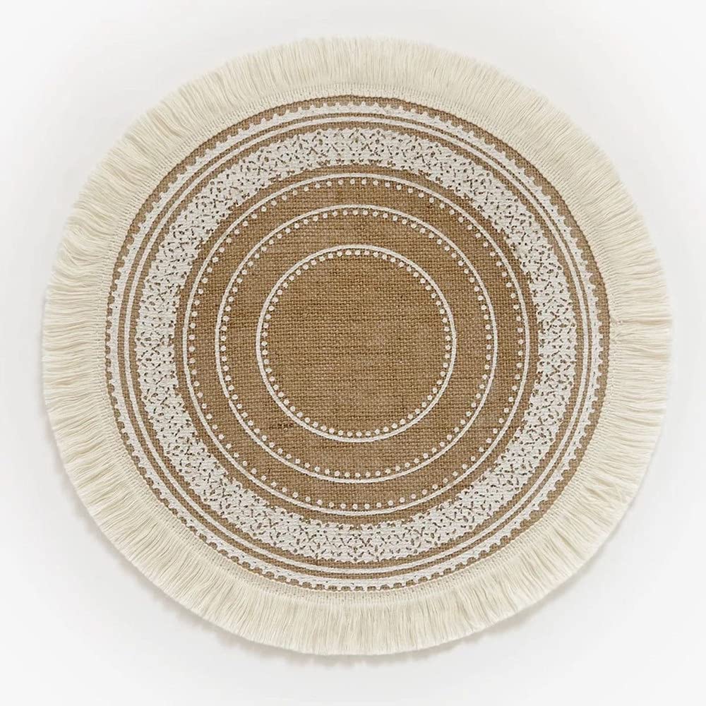 Boho Print Round Placemat Set of 4 - Farmhouse Jute Table Mats with Pompom Tassel 15 Inch Place Mat for Dining Room Kitchen Table Decor (Set F2)