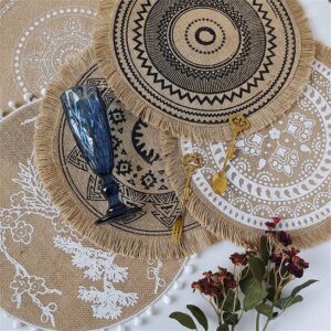 Boho Print Round Placemat Set of 4 - Farmhouse Jute Table Mats with Pompom Tassel 15 Inch Place Mat for Dining Room Kitchen Table Decor (Set F2)