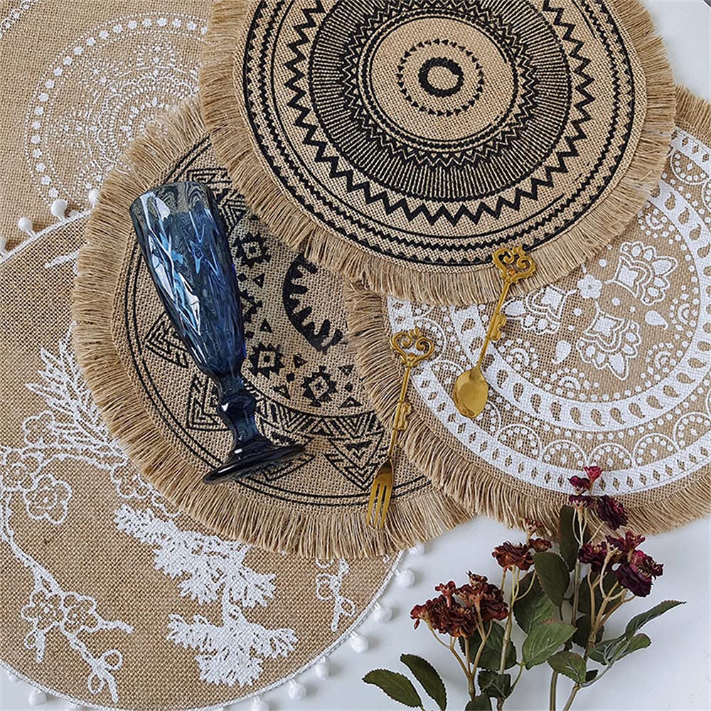 Boho Print Round Placemat Set of 4 - Farmhouse Jute Table Mats with Pompom Tassel 15 Inch Place Mat for Dining Room Kitchen Table Decor (Set F2)