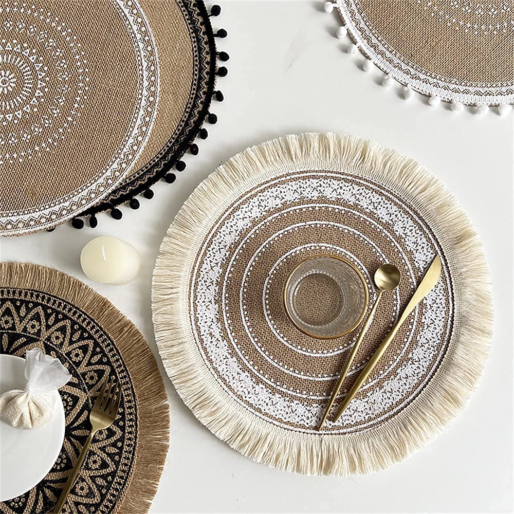 Boho Print Round Placemat Set of 4 - Farmhouse Jute Table Mats with Pompom Tassel 15 Inch Place Mat for Dining Room Kitchen Table Decor (Set F2)