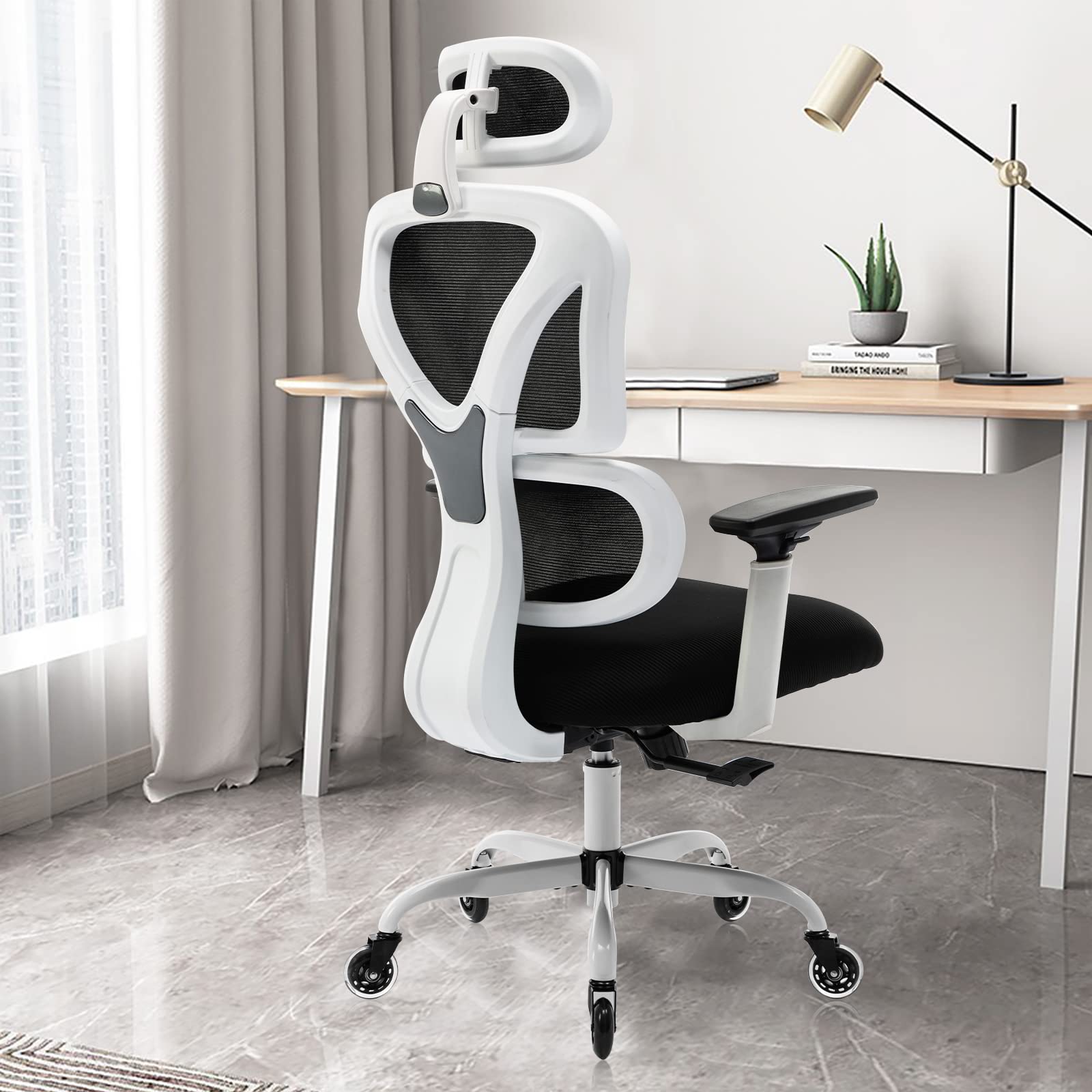 KERDOM Ergonomic Office Chair, Home Desk Chair, Comfy Breathable Mesh Task High Back Thick Cushion Computer Chair with Headrest and 3D Armrests, Adjustable Height Home Gaming Chair (F-White)