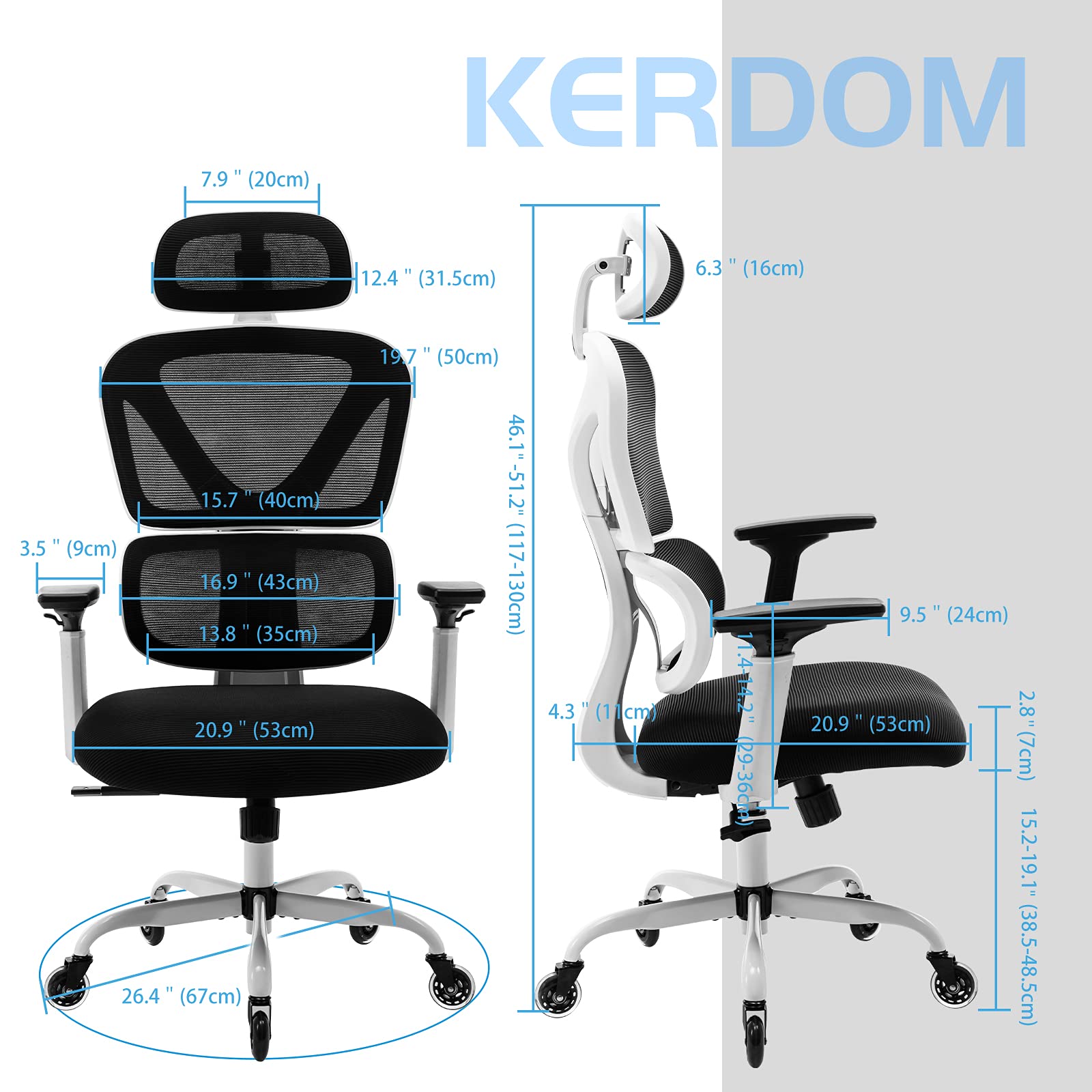 KERDOM Ergonomic Office Chair, Home Desk Chair, Comfy Breathable Mesh Task High Back Thick Cushion Computer Chair with Headrest and 3D Armrests, Adjustable Height Home Gaming Chair (F-White)