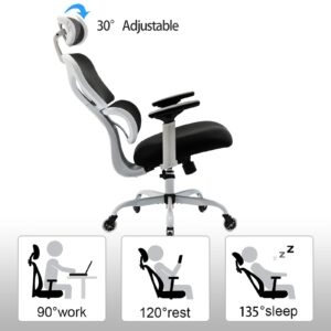 KERDOM Ergonomic Office Chair, Home Desk Chair, Comfy Breathable Mesh Task High Back Thick Cushion Computer Chair with Headrest and 3D Armrests, Adjustable Height Home Gaming Chair (F-White)