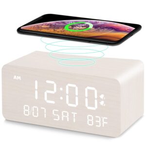 andoolex wooden digital alarm clock with wireless charging, 0-100% adjustable brightness dimmer and volume, weekday/weekend mode, dual alarm, snooze, 12/24h, wood led clock for bedroom (white)