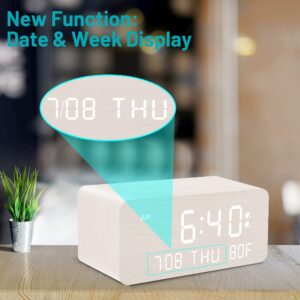 Andoolex Wooden Digital Alarm Clock with Wireless Charging, 0-100% Adjustable Brightness Dimmer and Volume, Weekday/Weekend Mode, Dual Alarm, Snooze, 12/24H, Wood LED Clock for Bedroom (White)