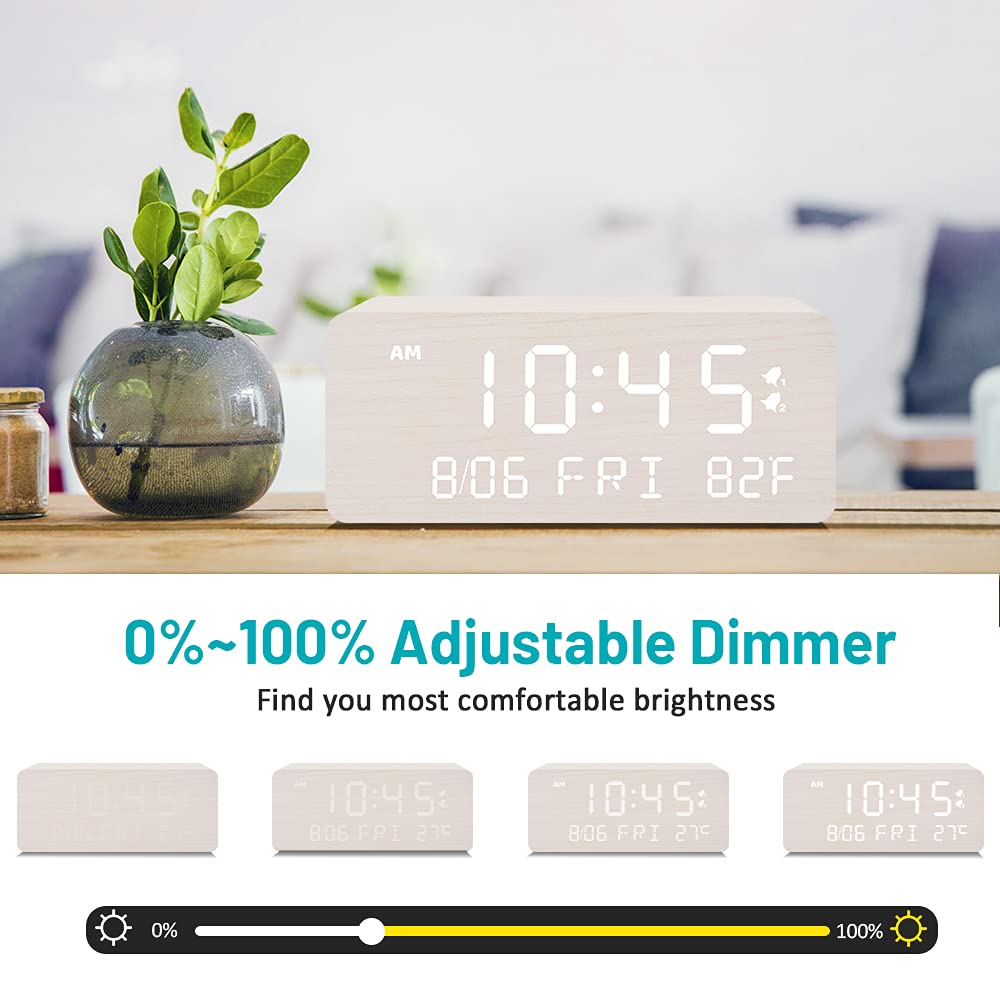 Andoolex Wooden Digital Alarm Clock with Wireless Charging, 0-100% Adjustable Brightness Dimmer and Volume, Weekday/Weekend Mode, Dual Alarm, Snooze, 12/24H, Wood LED Clock for Bedroom (White)