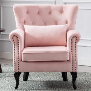 Janoray Mid Century Modern Accent Chair Upholstered Armchair Comfy Velvet Fabric Single Sofa with Tufted Wingback for Small Spaces Bedroom Living Room, Pink