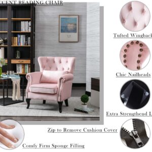 Janoray Mid Century Modern Accent Chair Upholstered Armchair Comfy Velvet Fabric Single Sofa with Tufted Wingback for Small Spaces Bedroom Living Room, Pink