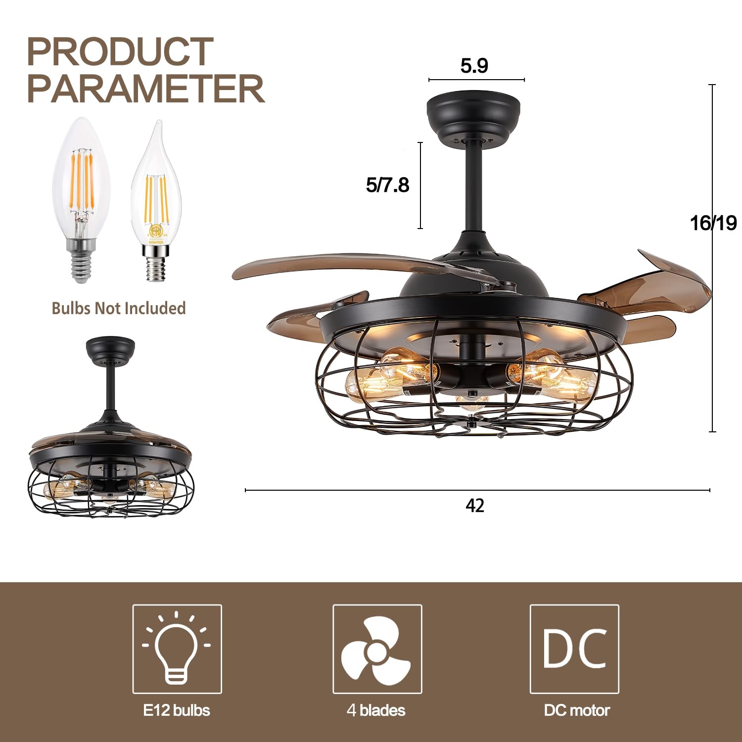 DuMaiWay 42" Industrial Retractable Ceiling Fans with Lights, Fandelier Caged Ceiling Fan with Remote Controller for Farmhouse/Living Room/Bedroom/Restaurant 5 Lights 4 Fan Blades Black