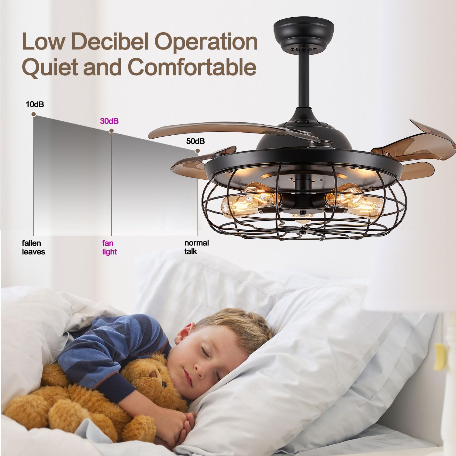 DuMaiWay 42" Industrial Retractable Ceiling Fans with Lights, Fandelier Caged Ceiling Fan with Remote Controller for Farmhouse/Living Room/Bedroom/Restaurant 5 Lights 4 Fan Blades Black