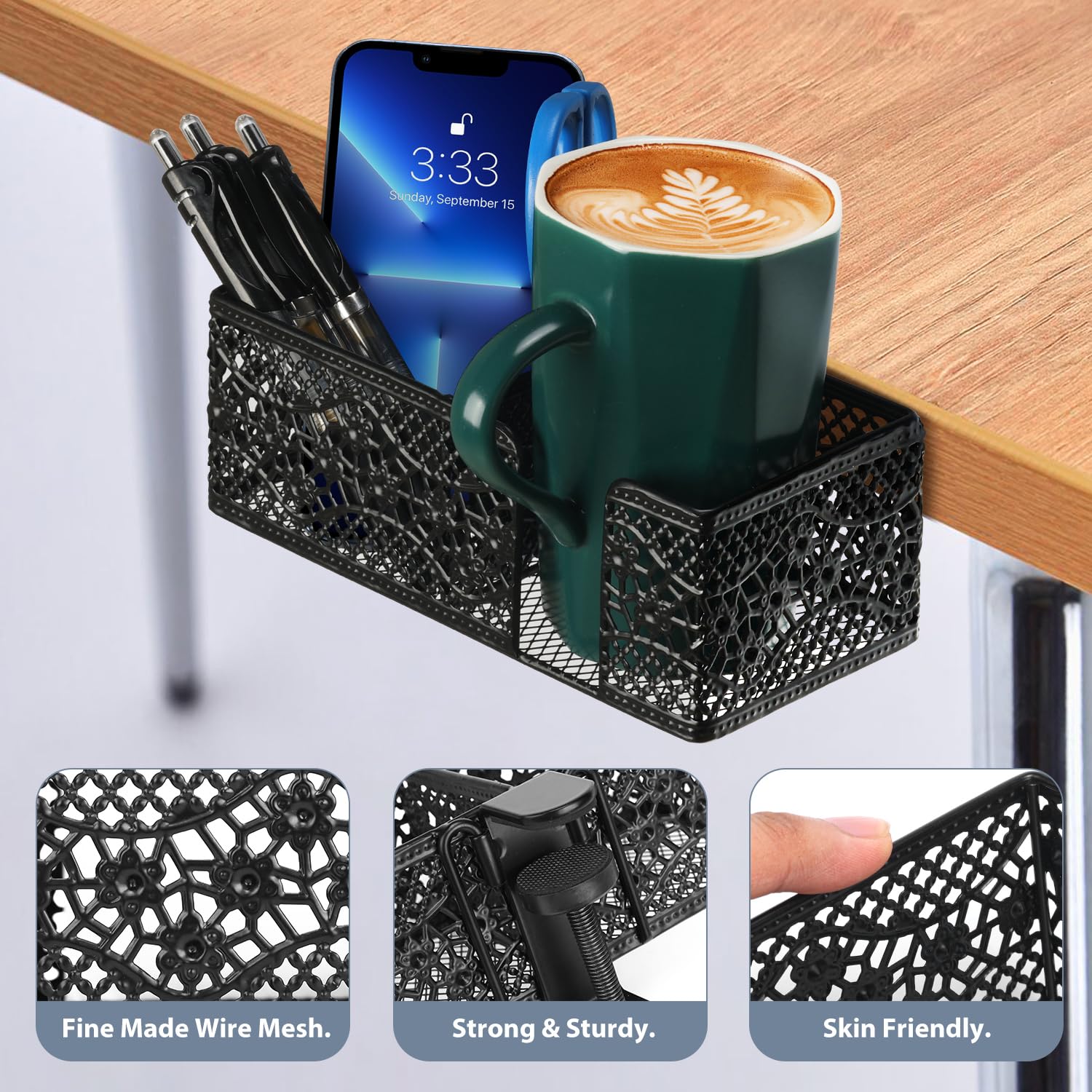 Aurynns Desk Organizer Clip on Desk Cup Holder Pencil Holder for Desk Storage Beverages Phone Holder Desk Organizer and Accessories Office School Home