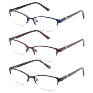 crgatv 3-pack reading glasses for women blue light blocking metal half frame computer readers anti uv/eye strain/glare (+1.5 magnification strength)