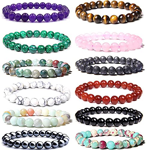 CASDAN 12PCS 8mm Gorgeous Semi-Precious Gemstones Round Beads Energy Power Crystal Reiki Healing Elastic Stretch Bracelet for Women Men Gifts