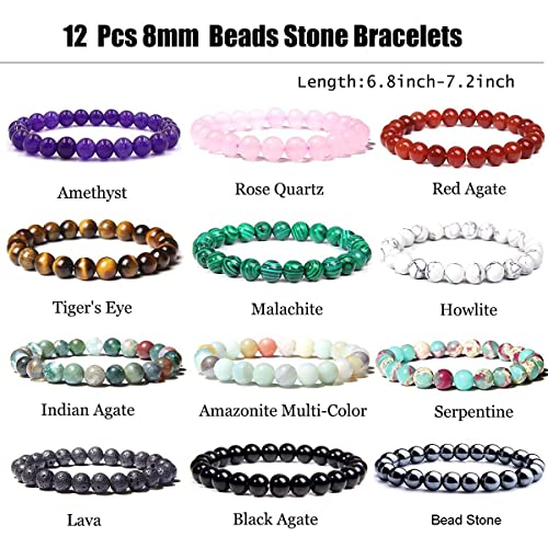 CASDAN 12PCS 8mm Gorgeous Semi-Precious Gemstones Round Beads Energy Power Crystal Reiki Healing Elastic Stretch Bracelet for Women Men Gifts