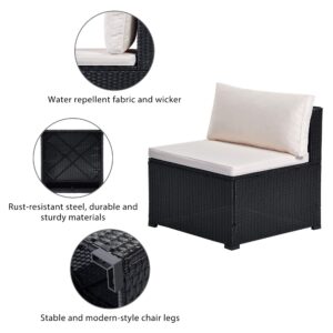 UNIROI Outdoor Furniture Sofa Set PE Rattan Black Wicker, Patio Chaise Lounge Chair with Removable Cushions and Glass Coffee Table Suitable Backyard Poolside Lawn Pool Garden Porch