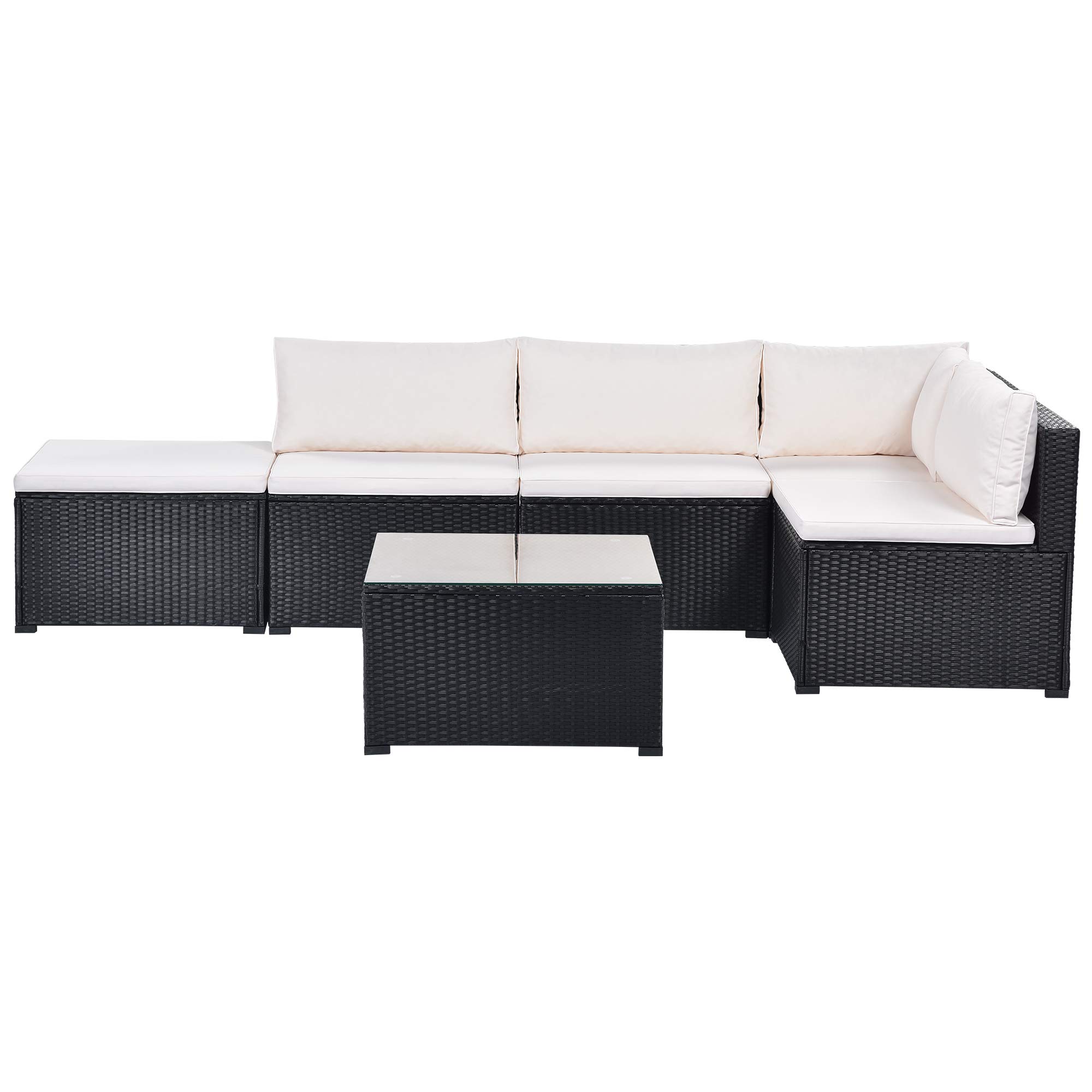 UNIROI Outdoor Furniture Sofa Set PE Rattan Black Wicker, Patio Chaise Lounge Chair with Removable Cushions and Glass Coffee Table Suitable Backyard Poolside Lawn Pool Garden Porch