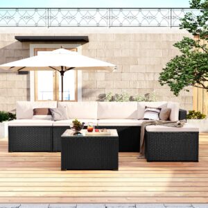 UNIROI Outdoor Furniture Sofa Set PE Rattan Black Wicker, Patio Chaise Lounge Chair with Removable Cushions and Glass Coffee Table Suitable Backyard Poolside Lawn Pool Garden Porch