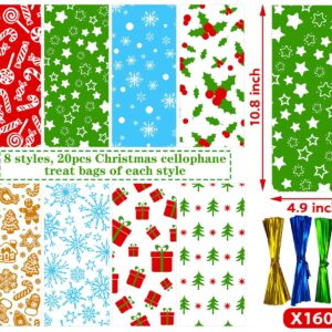 MISS FANTASY 160 Pack Christmas Cellophane Goody Bags with Twist Ties for Holiday Favors Treats Kids Xmas Treat 10.8'' x 4.9'' Small Bulk Plastic Treats Bag Christmas Cellophane Treat Bags