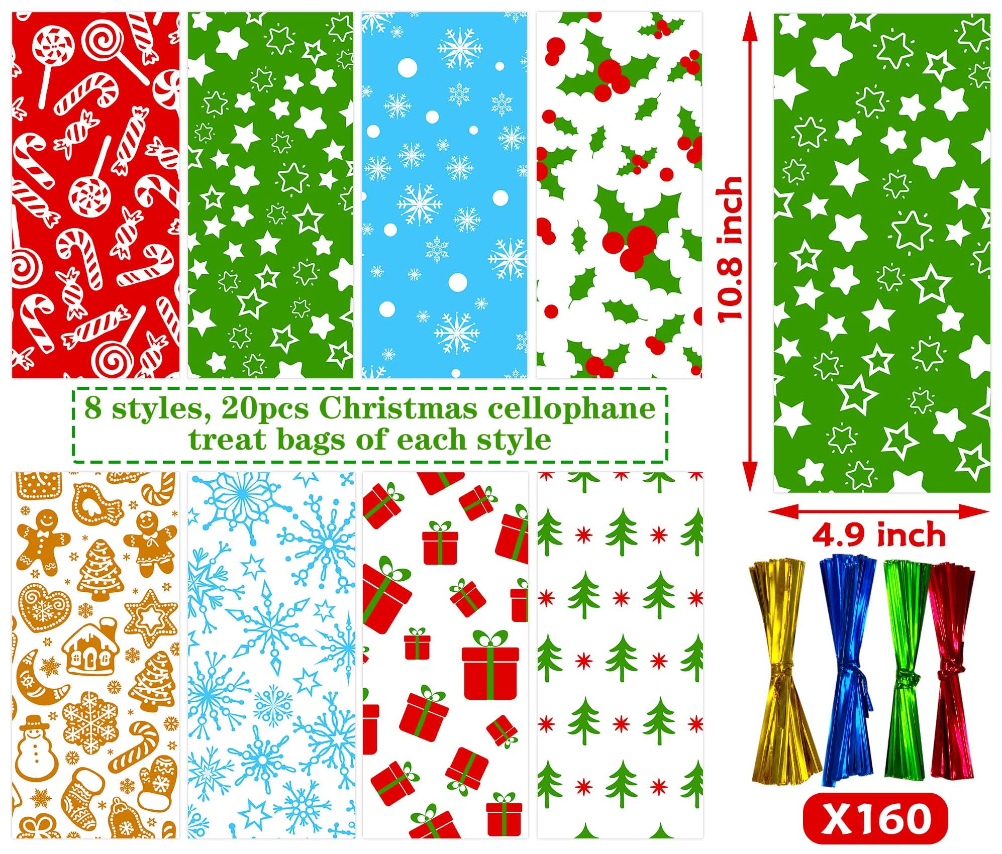 MISS FANTASY 160 Pack Christmas Cellophane Goody Bags with Twist Ties for Holiday Favors Treats Kids Xmas Treat 10.8'' x 4.9'' Small Bulk Plastic Treats Bag Christmas Cellophane Treat Bags