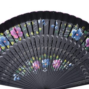 lanermoon Vintage Spanish Folding Fan for Women,Doubled-Side Flower Painting Gypsy Wooden Hand Fan for Dance,Festival Decoration and Gift (Black)