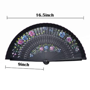 lanermoon Vintage Spanish Folding Fan for Women,Doubled-Side Flower Painting Gypsy Wooden Hand Fan for Dance,Festival Decoration and Gift (Black)