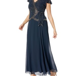 J Kara Women's Short Flutter Sleeve V-Neck Long Beaded Gown, Navy/Shaded/Mercury, 8