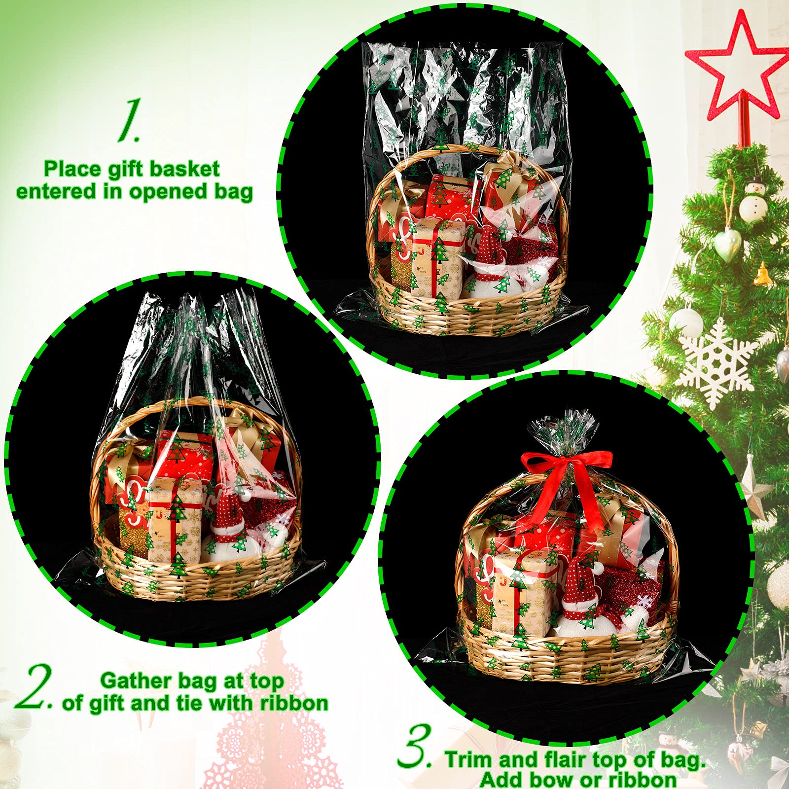 Outus 10 Pieces Christmas Basket Bags Clear Christmas Cellophane Bag with Twist Ties Favors and Treat Bags Tree Pattern Gift Bags for Candies Dessert Gifts Baskets Party Festivals, 24 x 30 Inch