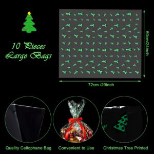 Outus 10 Pieces Christmas Basket Bags Clear Christmas Cellophane Bag with Twist Ties Favors and Treat Bags Tree Pattern Gift Bags for Candies Dessert Gifts Baskets Party Festivals, 24 x 30 Inch