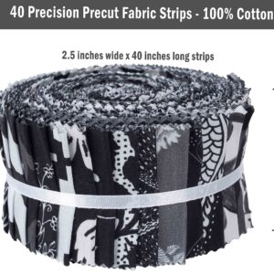 Soimoi 40Pcs Floral Artistic Print Cotton Precut Fabrics for Quilting Craft Strips 2.5x42inches Jelly Roll - Black