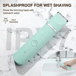 Waterproof Bikini Trimmer Women Electric Razor for Pubic Hair Women's Foil Shaver Rechargeable Shaver Removal with Snap-in Ceramic Blades IP7X Washable Head,Wet and Dry Use,Green