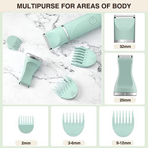 Waterproof Bikini Trimmer Women Electric Razor for Pubic Hair Women's Foil Shaver Rechargeable Shaver Removal with Snap-in Ceramic Blades IP7X Washable Head,Wet and Dry Use,Green