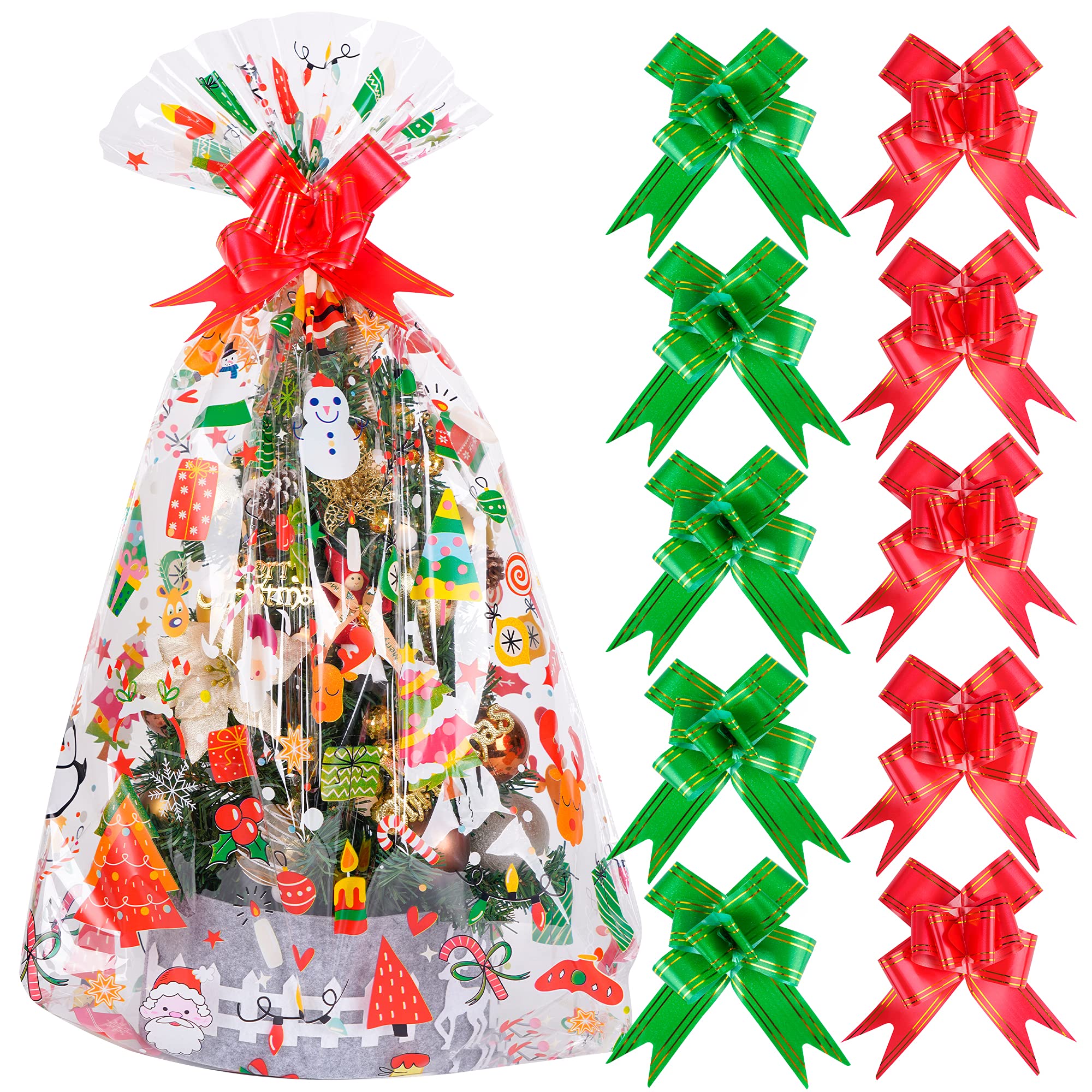 20pcs Christmas Basket Bags 24x36 inch Snowman Santa Cellophane Bags with Pull Bow Set 10 Christmas Packaging Bags 10 Ribbon Bows