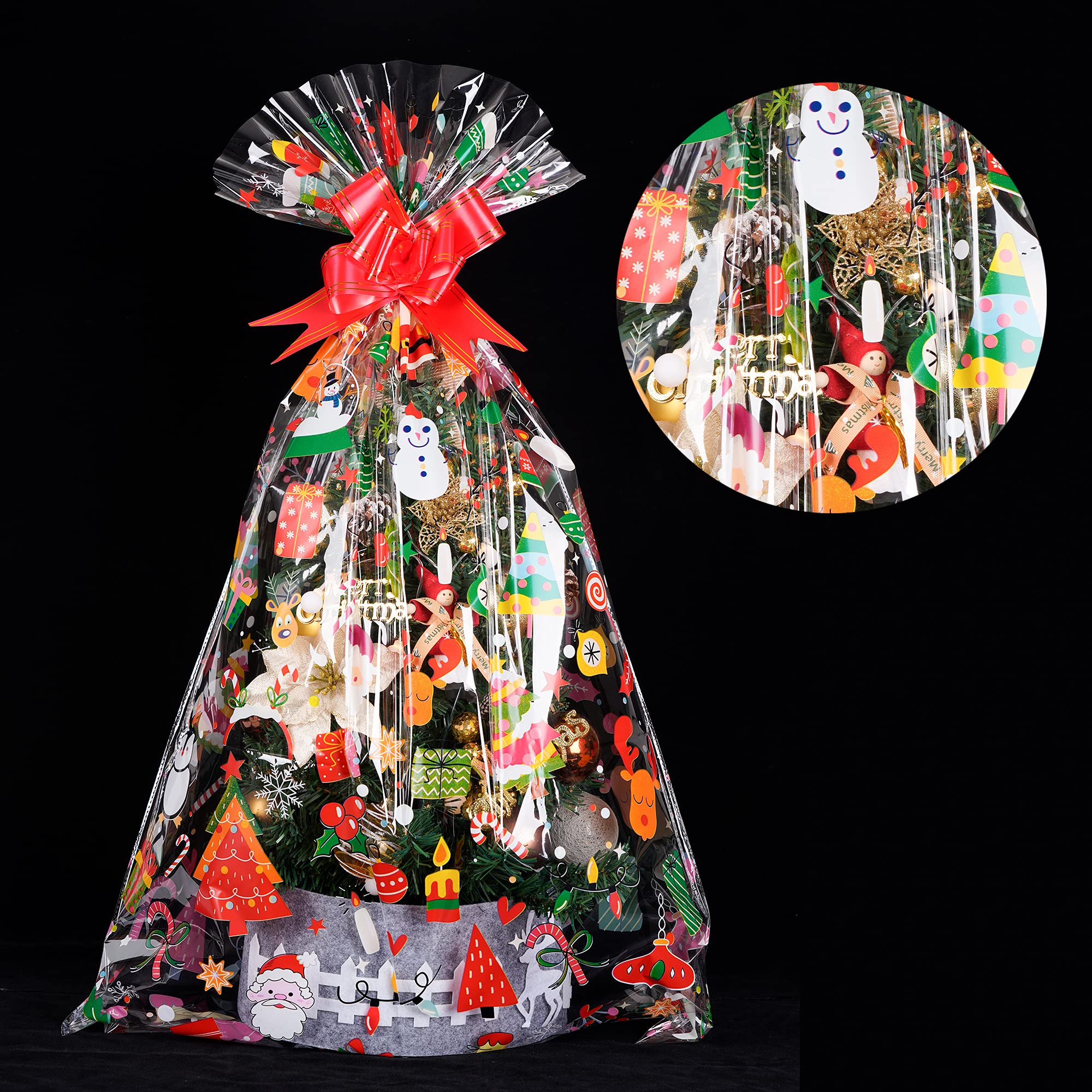 20pcs Christmas Basket Bags 24x36 inch Snowman Santa Cellophane Bags with Pull Bow Set 10 Christmas Packaging Bags 10 Ribbon Bows