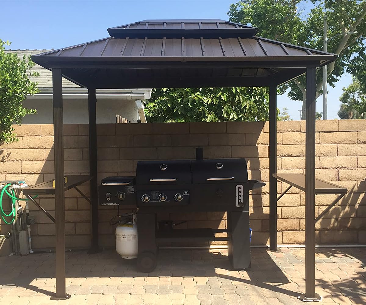 PURPLE LEAF 6' X 8' Hardtop Grill Gazebo for Patio Permanent Metal Roof with 2 Side Shelves Deck Yard Tent Aluminum Garden Outside Sun Shade Outdoor BBQ Canopy