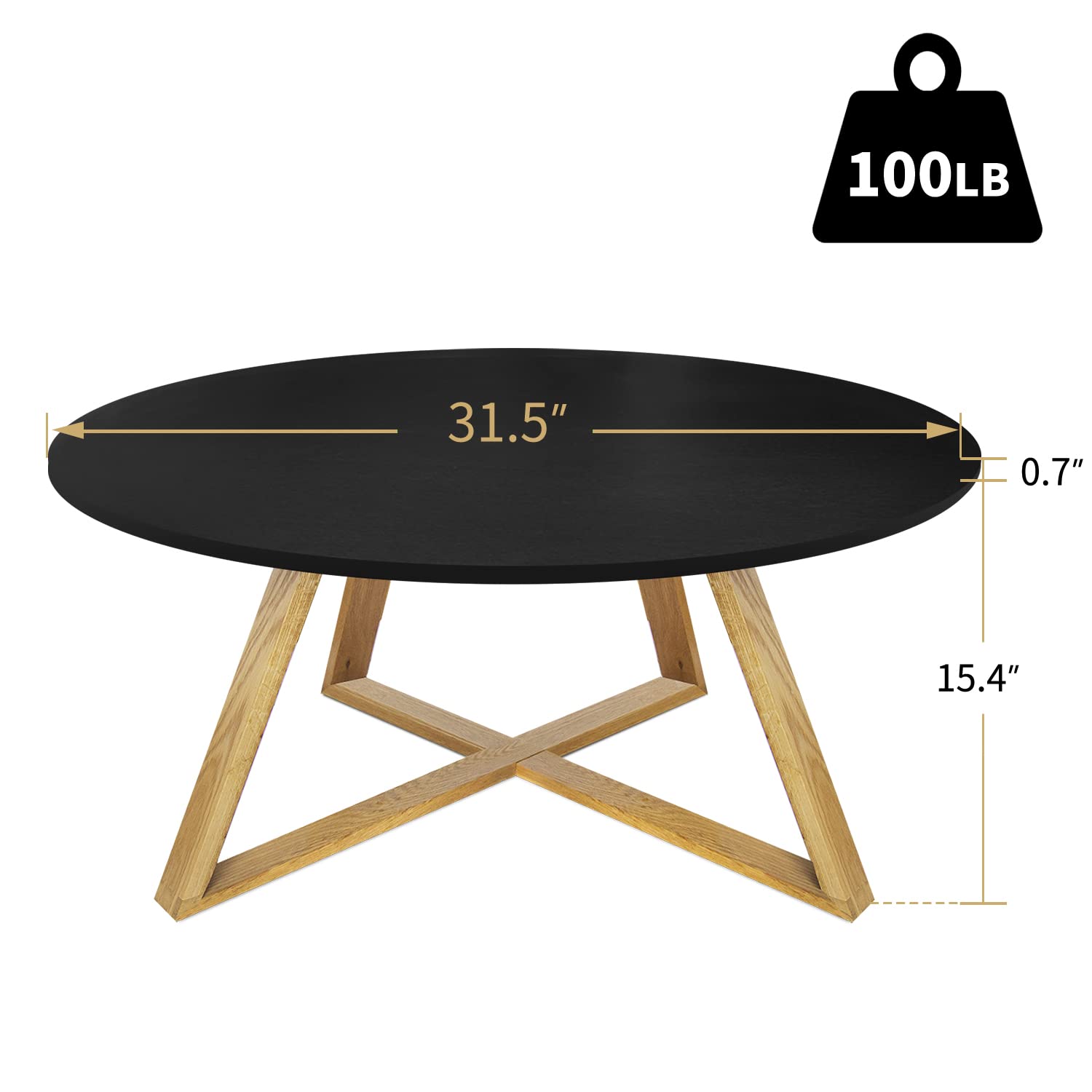 SYMXMYZ 31.5 Inches Round Coffee Table, Wooden Coffee Table, Modern Coffee Table, Oak Table Legs, Coffee Tables for Living Room Modern Design Home Furniture, Black