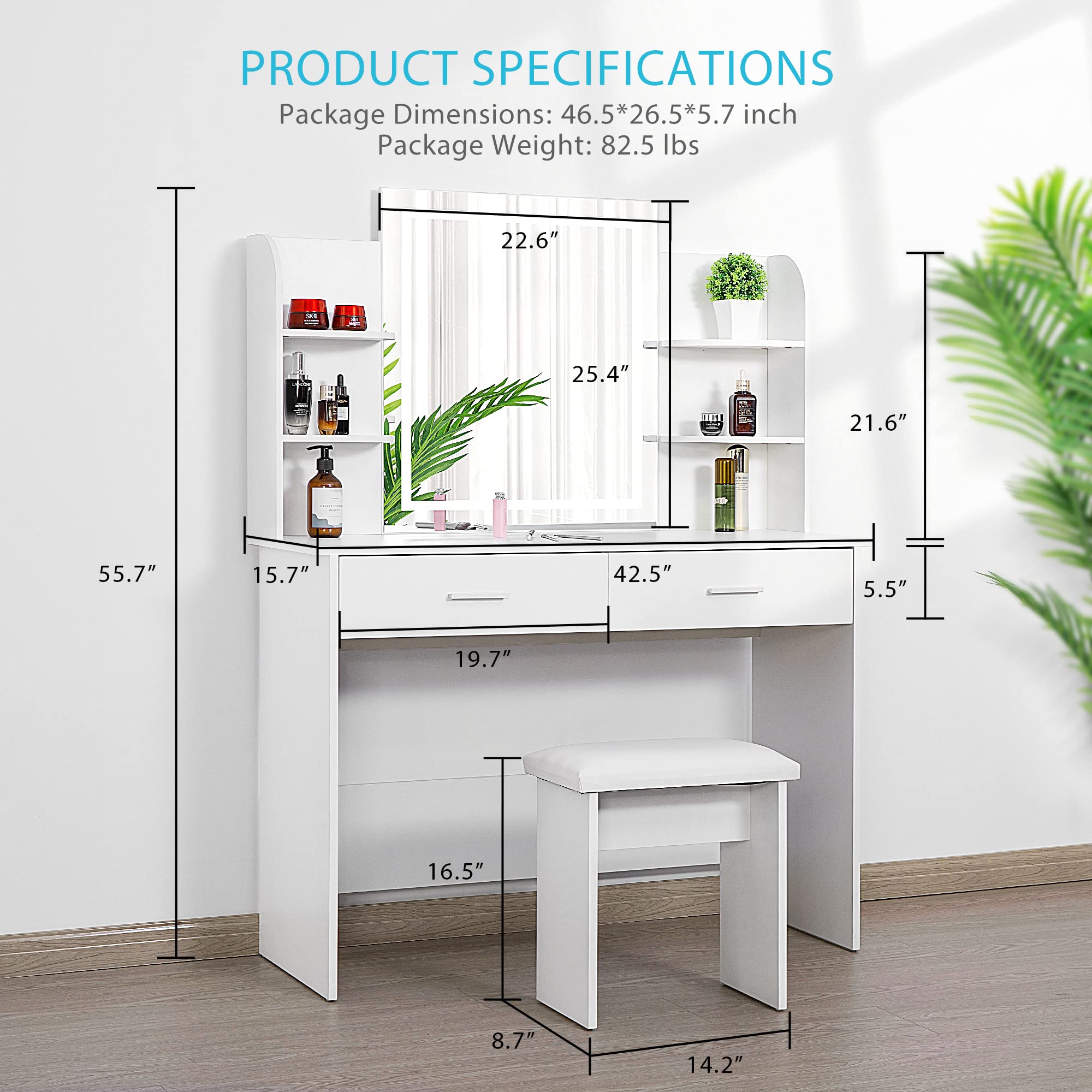 VIVOHOME Makeup Vanity Table Set with 3-Color Dimmable Lighted Mirror, 6 Storage Shelves, 2 Drawers, Cushioned Stool, White