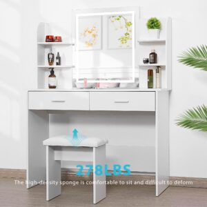 VIVOHOME Makeup Vanity Table Set with 3-Color Dimmable Lighted Mirror, 6 Storage Shelves, 2 Drawers, Cushioned Stool, White