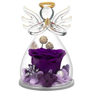 encavy preserved flower rose gifts in glass angel figurines,birthday gifts for women,angel rose gifts for her,christmas rose gifts for mom mothers grandma,real flowers purple gift,thanksgiving gifts