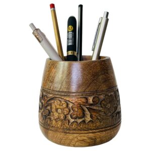 mie creations designer pencil holder for desk wood | paintbrush cup, desk accessories, cute make up brush organizers | office desktop, wooden pen stand | stationery, christmas holiday gift- 4'' brown