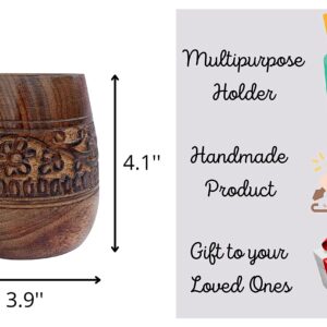 Mie Creations Designer Pencil Holder for Desk Wood | Paintbrush Cup, Desk Accessories, Cute Make Up Brush Organizers | Office Desktop, Wooden Pen Stand | Stationery, Christmas Holiday Gift- 4'' Brown