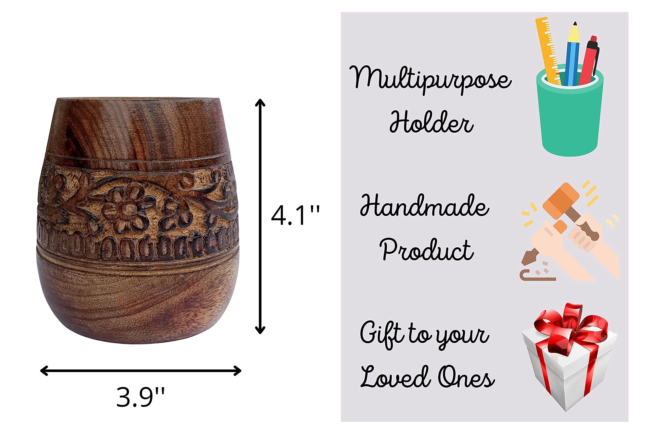 Mie Creations Designer Pencil Holder for Desk Wood | Paintbrush Cup, Desk Accessories, Cute Make Up Brush Organizers | Office Desktop, Wooden Pen Stand | Stationery, Christmas Holiday Gift- 4'' Brown