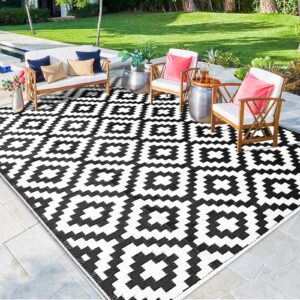 Outdoor Rug,Reversible Mats, Plastic Straw Rug, Modern Indoor Outdoor Area Rug, Large Floor Mat and Rug for Outdoors, RV, Patio, Backyard, Deck, Picnic, Beach, Trailer, Camping, Black & White, 5' x 8'